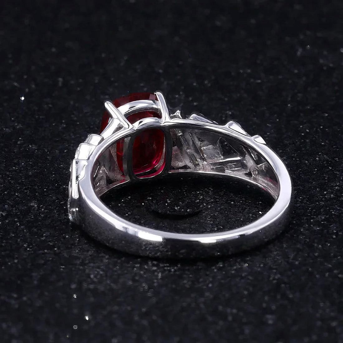 Cushion lab ruby ring with baguette and round diamond band, view 2