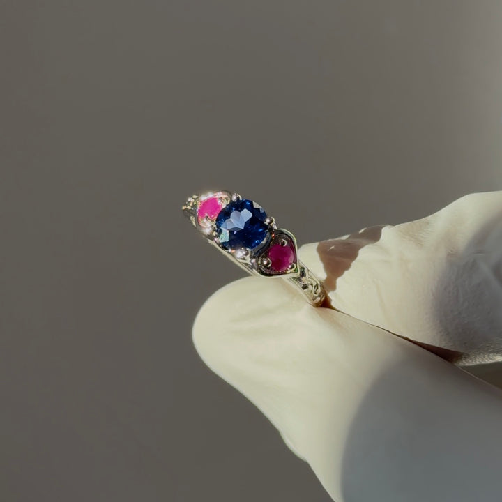 Customized™ 1.00ct Round Sapphire with Natural Rubies Three-Stone Ring in 925 Sterling Silver