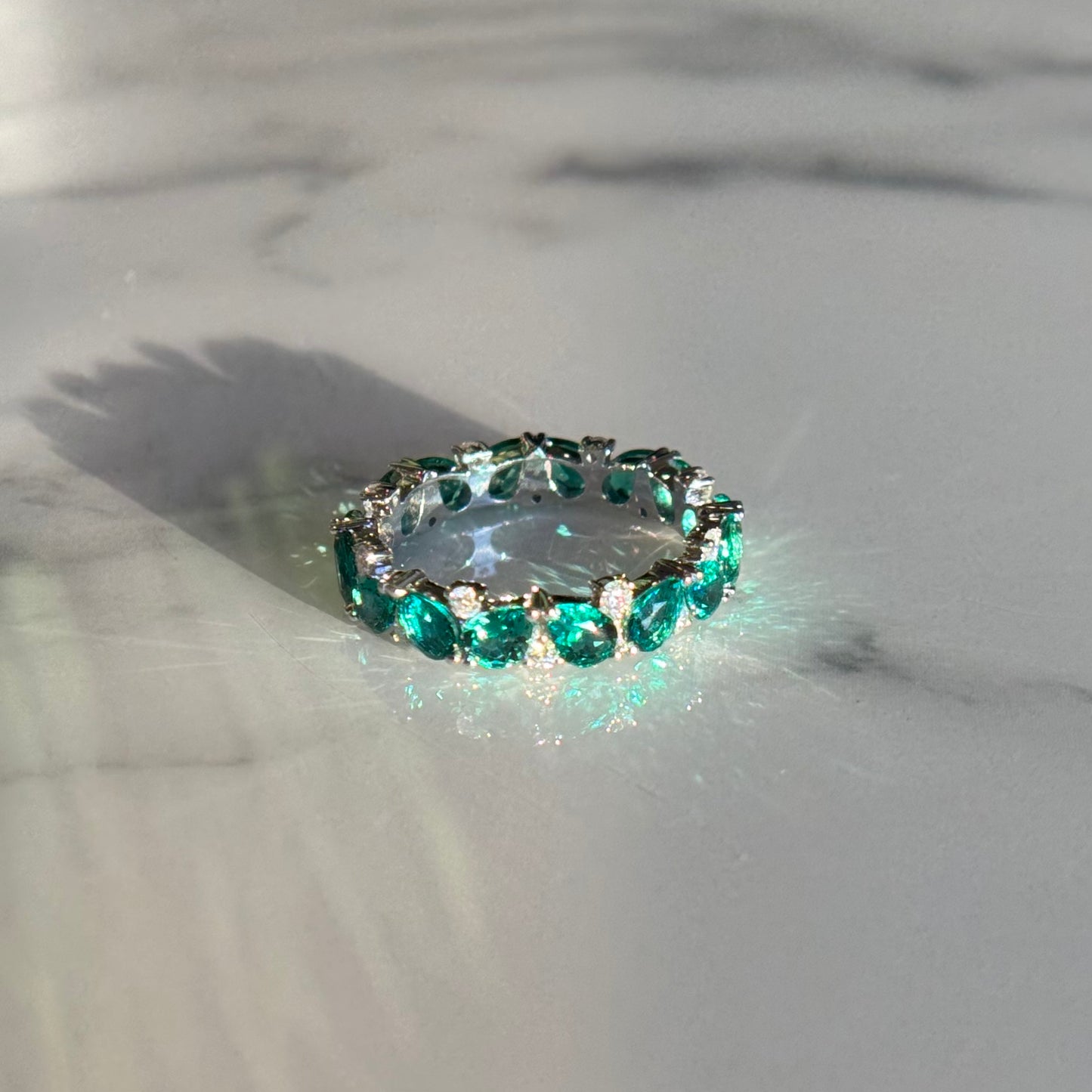 Customized™ Pear-Cut Lab-Grown Zambian Emerald & Round Moissanite Eternity Band in 14K Solid White Gold