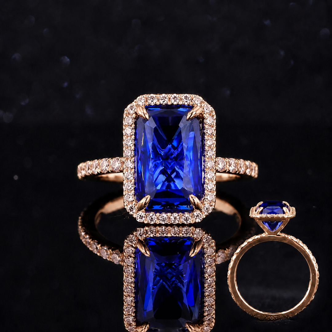 The Regalia — Blue Emerald Sapphire with Diamond Halo & Half-Eternity Ring