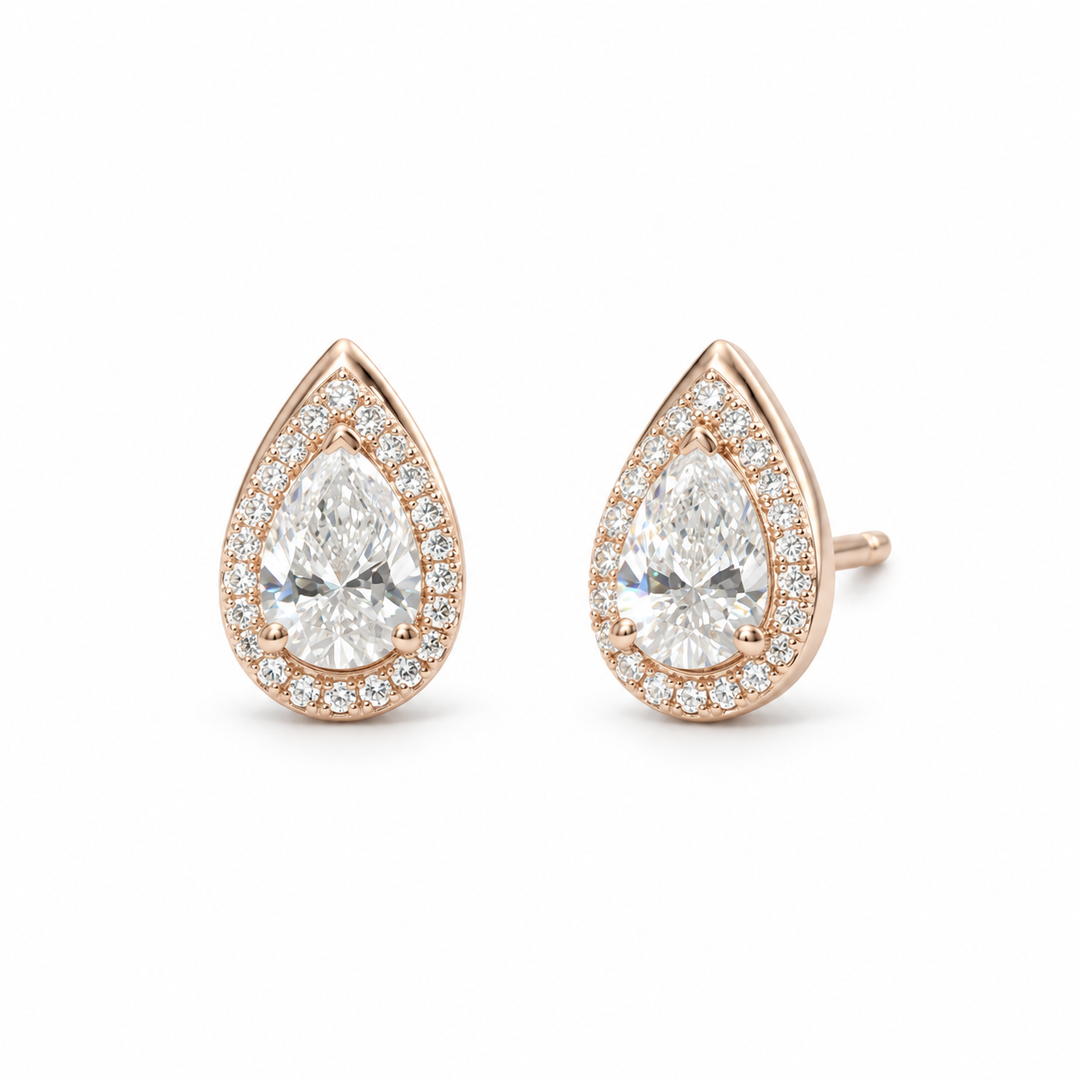 Pear Lab Diamond Halo Stud Earrings in 14K Rose Gold