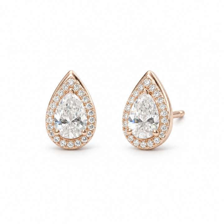 Pear Lab Diamond Halo Stud Earrings in 14K Rose Gold