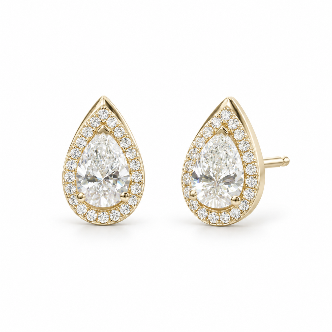 Pear Lab Diamond Halo Stud Earrings in 14K Yellow Gold