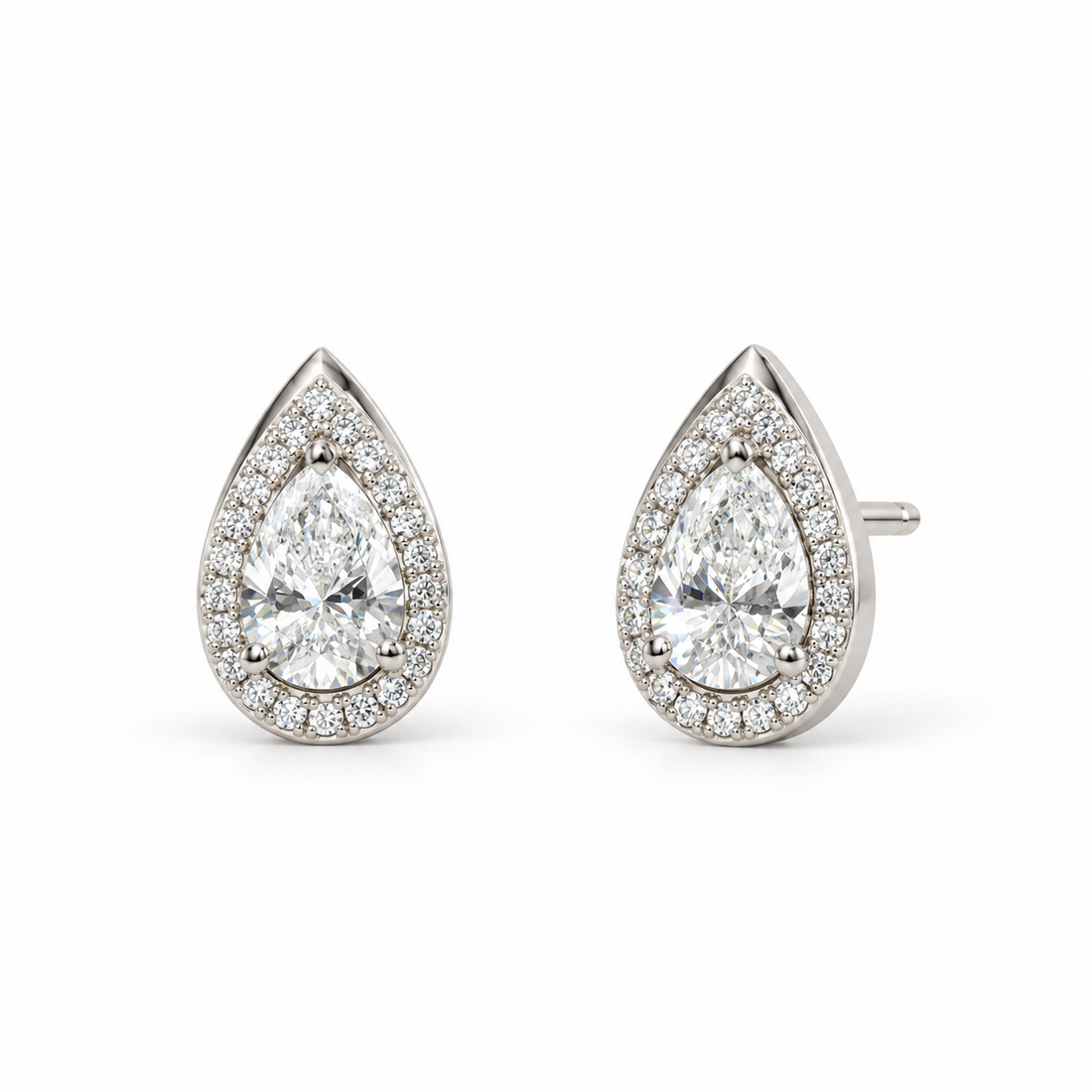 Pear Lab Diamond Halo Stud Earrings in 14K White Gold