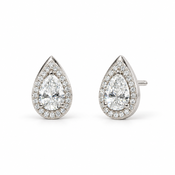 Pear Lab Diamond Halo Stud Earrings in 14K White Gold