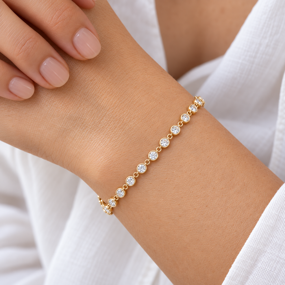 Bezel-Set Round Lab Diamond Tennis Bracelet, 2.5ctw (3mm) worn on the wrist, shown true to size