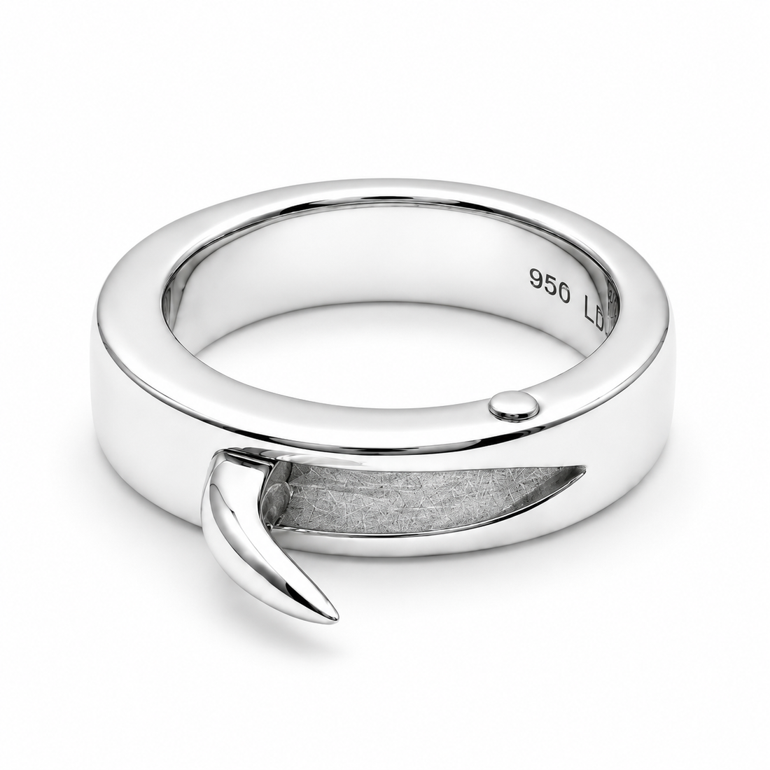 The Hidden Blade Ring in polished Platinum 950 with the 950 LD hallmark, front view on white