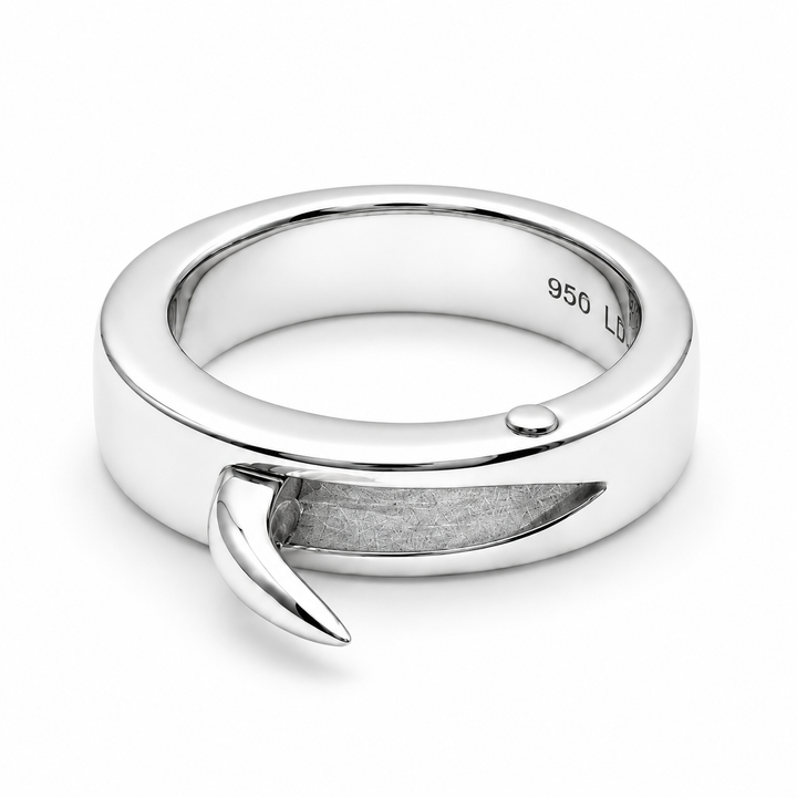 The Hidden Blade Ring in polished Platinum 950 with the 950 LD hallmark, front view on white