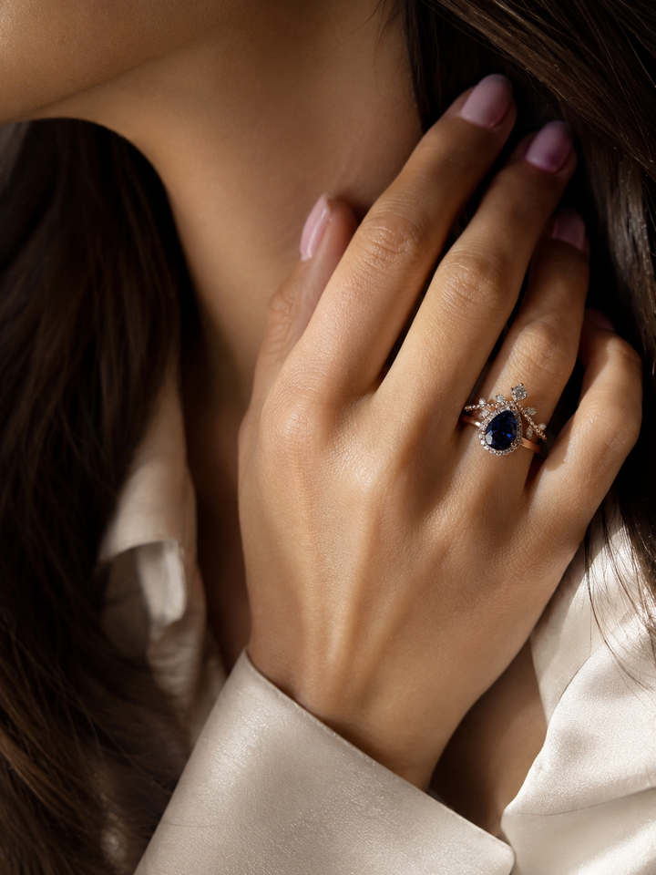The Celestine — Blue Sapphire Halo Ring with Stacking Band
