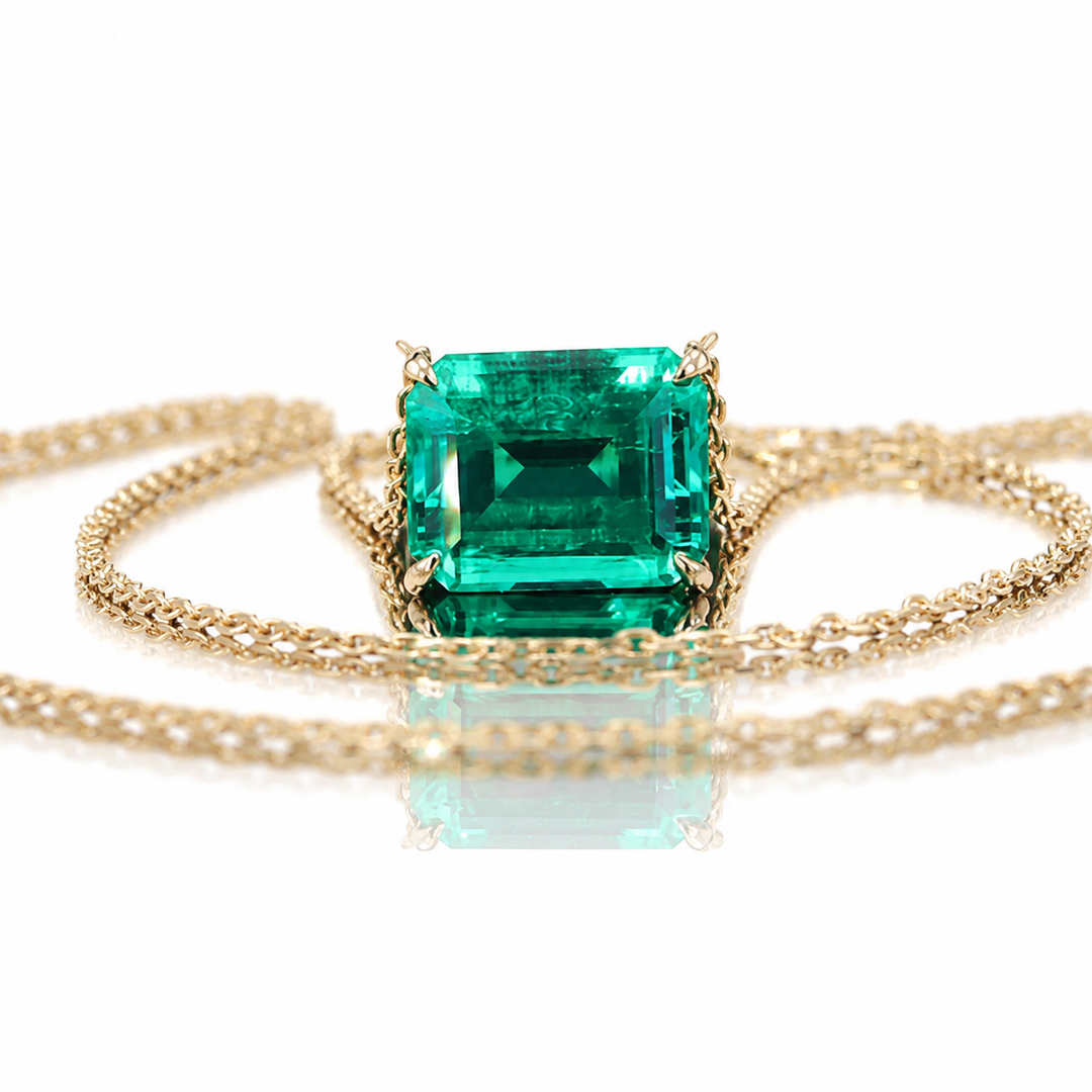 8x10mm, 3.00ct Lab-Grown Colombian Emerald Pendant with Rolo Necklace in 14K Yellow Gold