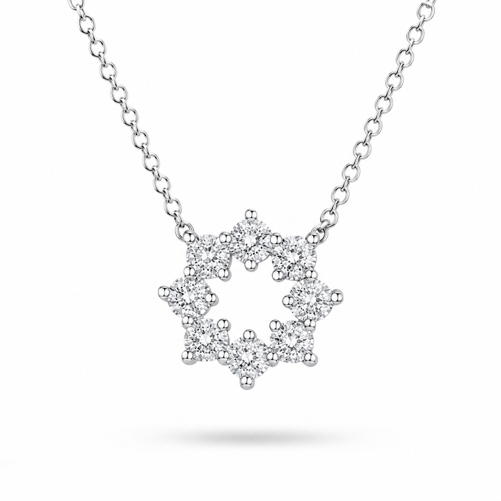 8mm, 1ct Lab Diamond Sunburst Pendant Necklace in 18K Solid White Gold