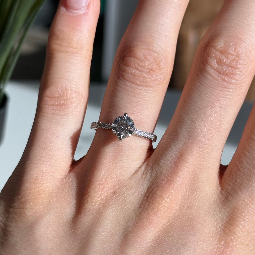 1.00ct Round Lab-Grown Diamond Solitaire Ring with Raised Pavé Crown and Band in White Gold