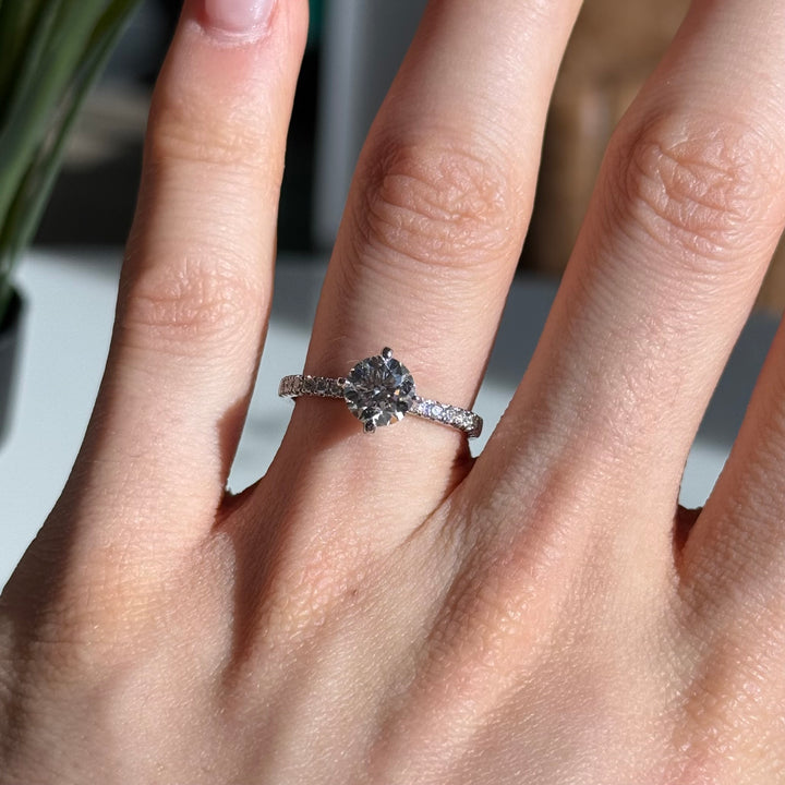 1.00ct Round Lab-Grown Diamond Solitaire Ring with Raised Pavé Crown and Band in White Gold