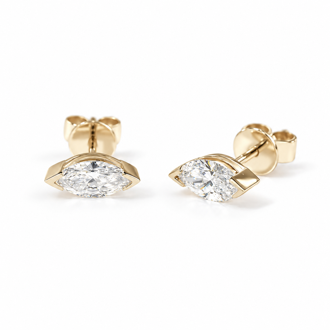 Half-Bezel Marquise Lab Diamond Stud Earrings in 14K Yellow Gold