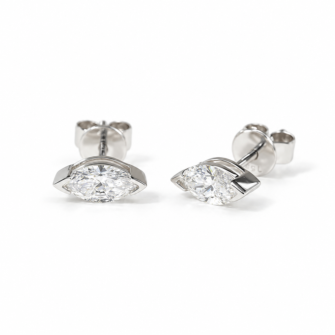 Half-Bezel Marquise Lab Diamond Stud Earrings in 14K White Gold