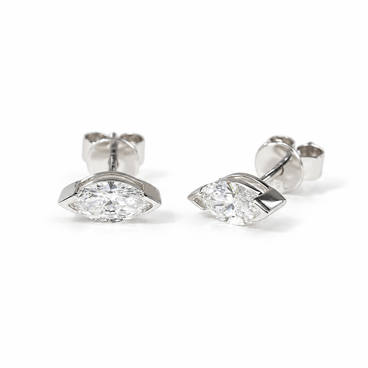Half-Bezel Marquise Lab Diamond Stud Earrings in 14K White Gold