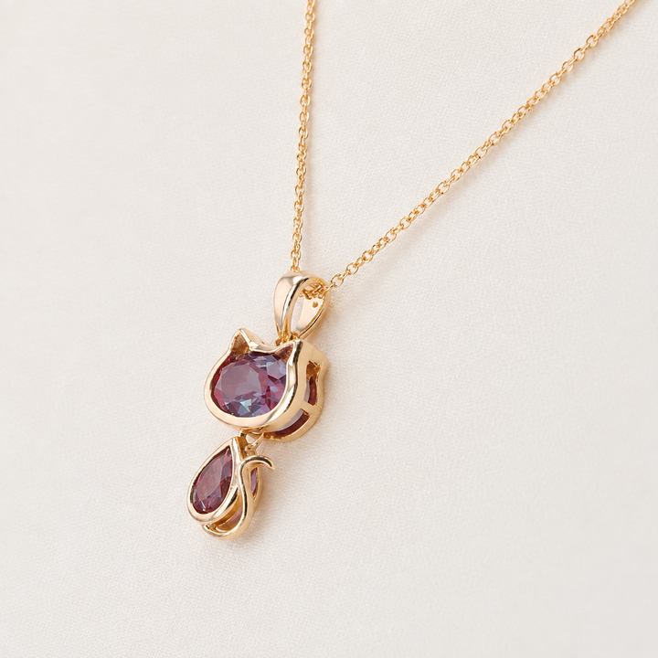 1.75ct Oval & Pear-Cut Alexandrite Cat Pendant Necklace in 14K Yellow Gold (6x8mm, 3x6mm)