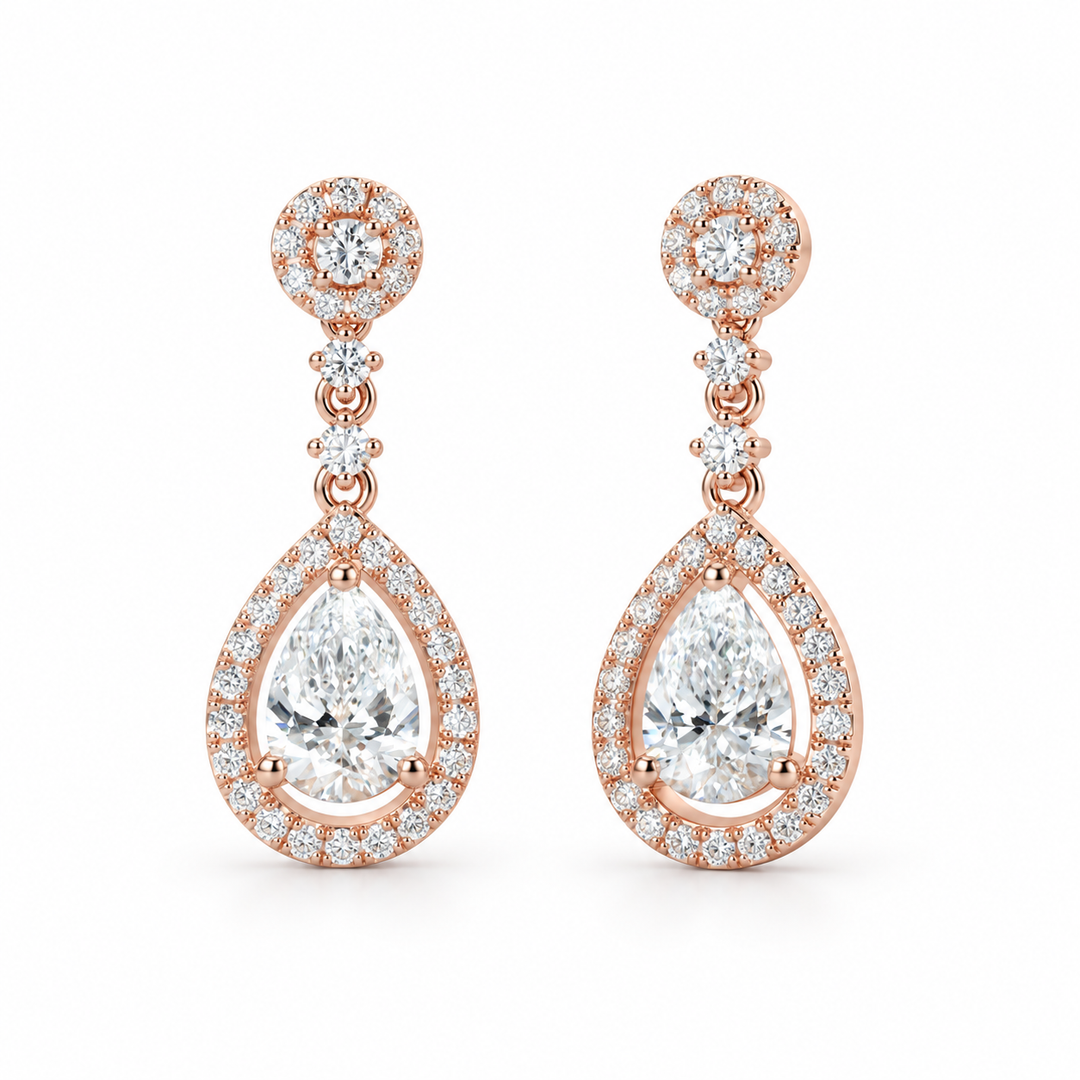 Pear Lab Diamond Halo Drop Earrings in 14K Rose Gold
