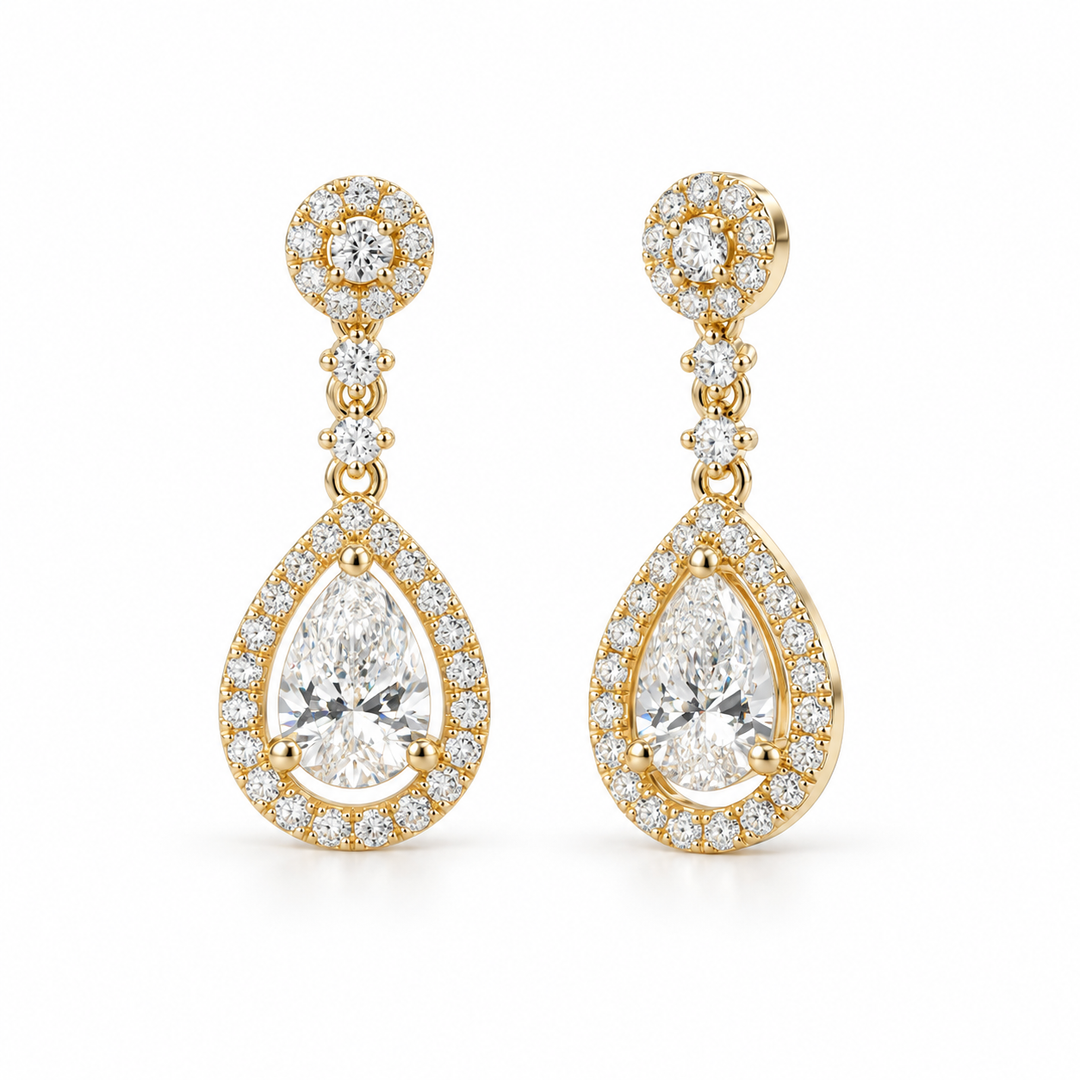 Pear Lab Diamond Halo Drop Earrings in 14K Yellow Gold
