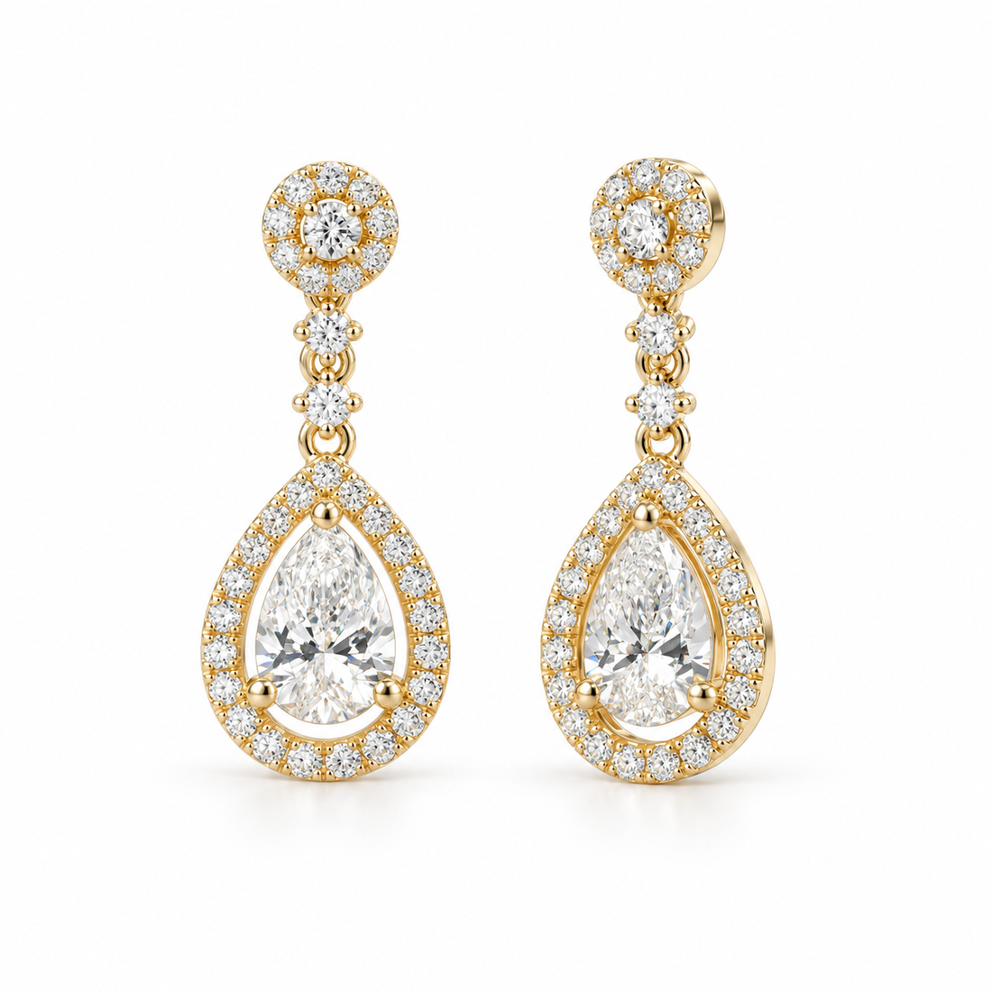 Pear Lab Diamond Halo Drop Earrings in 14K Yellow Gold