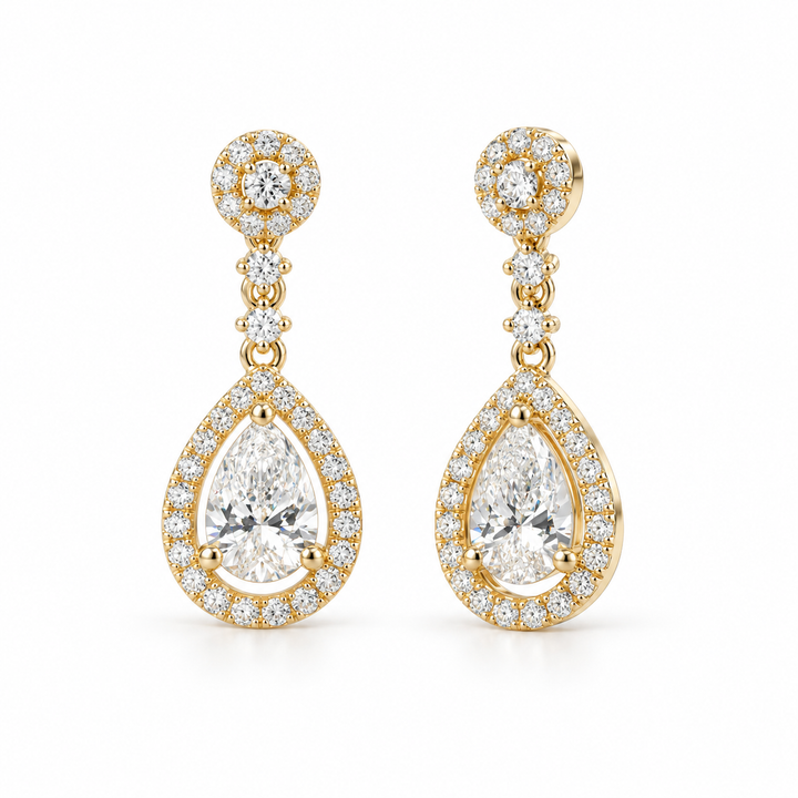 Pear Lab Diamond Halo Drop Earrings in 14K Yellow Gold