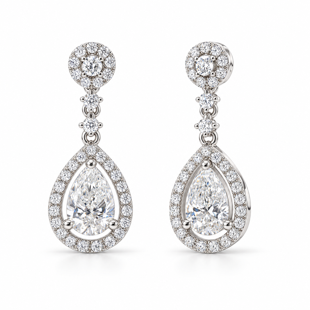 Pear Lab Diamond Halo Drop Earrings in 14K White Gold