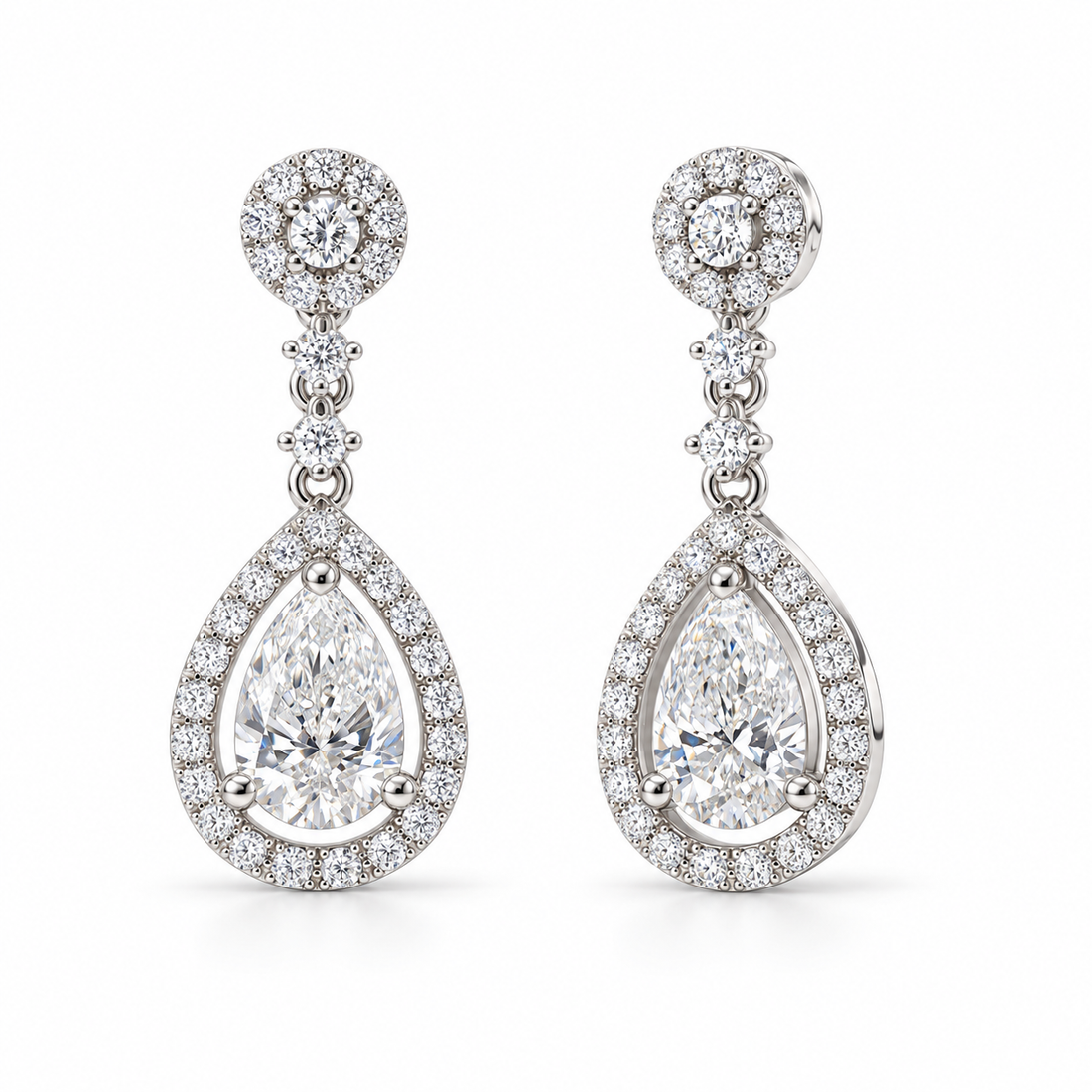 Pear Lab Diamond Halo Drop Earrings in 14K White Gold