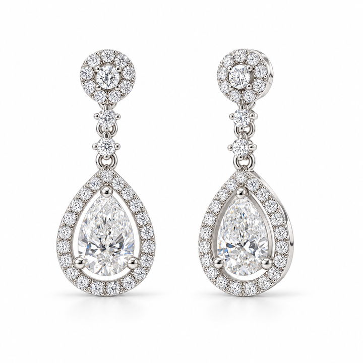 Pear Lab Diamond Halo Drop Earrings in 14K White Gold