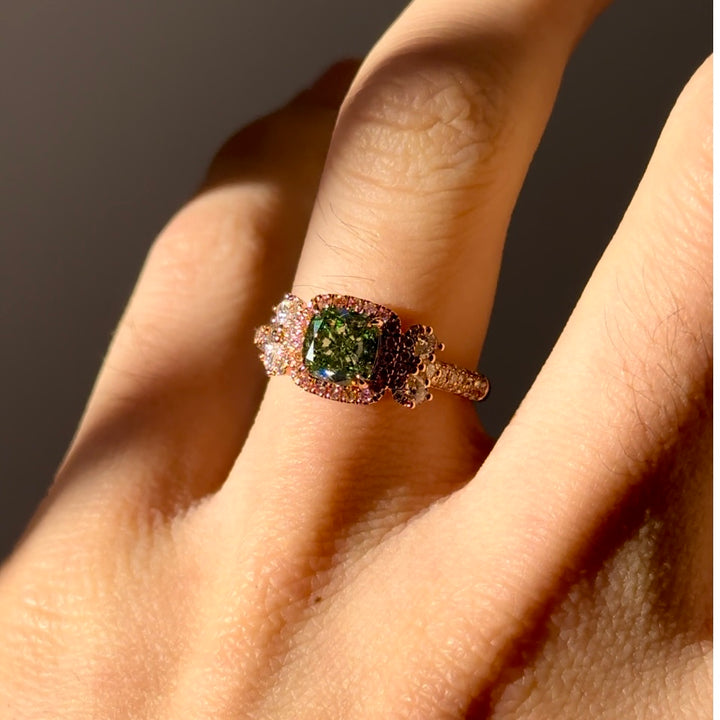 Customized™ 1.20ct Cushion Cut Green Lab-Grown Diamond with Pink Diamond Halo, White Diamond Band Ring in 14K Rose Gold
