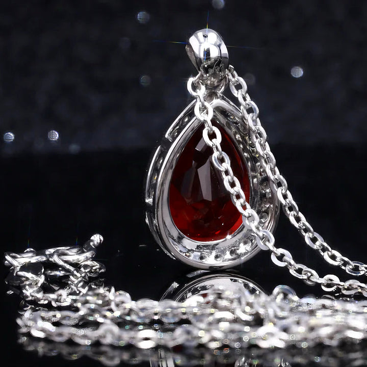 9x13mm, 7.00ct Pear Lab-Grown Red Ruby with Diamond Halo Pendant Necklace in Platinum