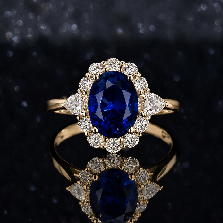 The Modified Diana — Diamond Halo Oval Blue Sapphire Ring