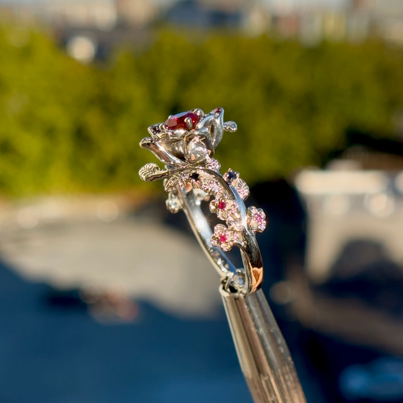 Customized™ 0.45ct Round Natural Ruby Rose Ring with Petal and Leaf Accents, featuring Natural Rubies and Sapphires in 925 Sterling Silver