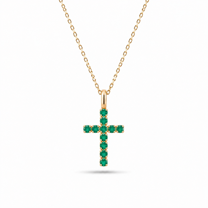 2mm, 0.80ctw Lab-Grown Colombian Emerald Cross Pendant Necklace