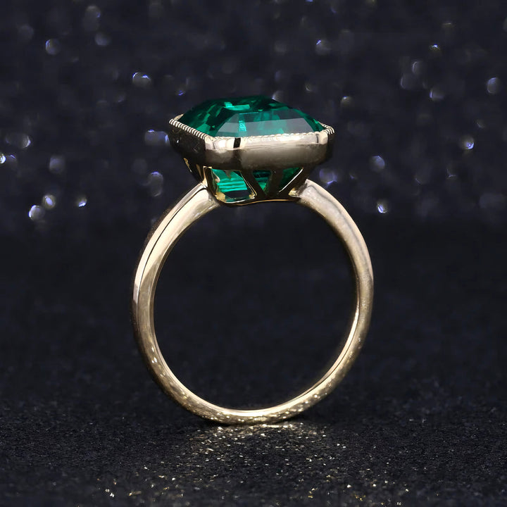 9x11mm, 4.60ct Emerald Lab-Grown Zambian Emerald Bezel-Set Ring in 14K Yellow Gold