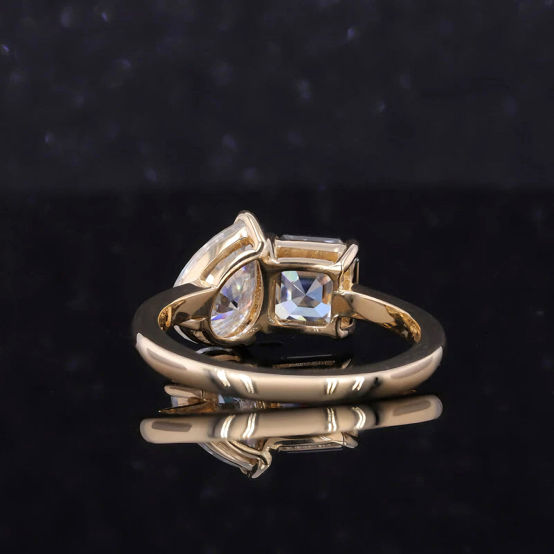 6x9mm Pear and 6.5mm Grey Asscher Cut Moissanite Toi Et Moi Ring in 10K Solid Yellow Gold