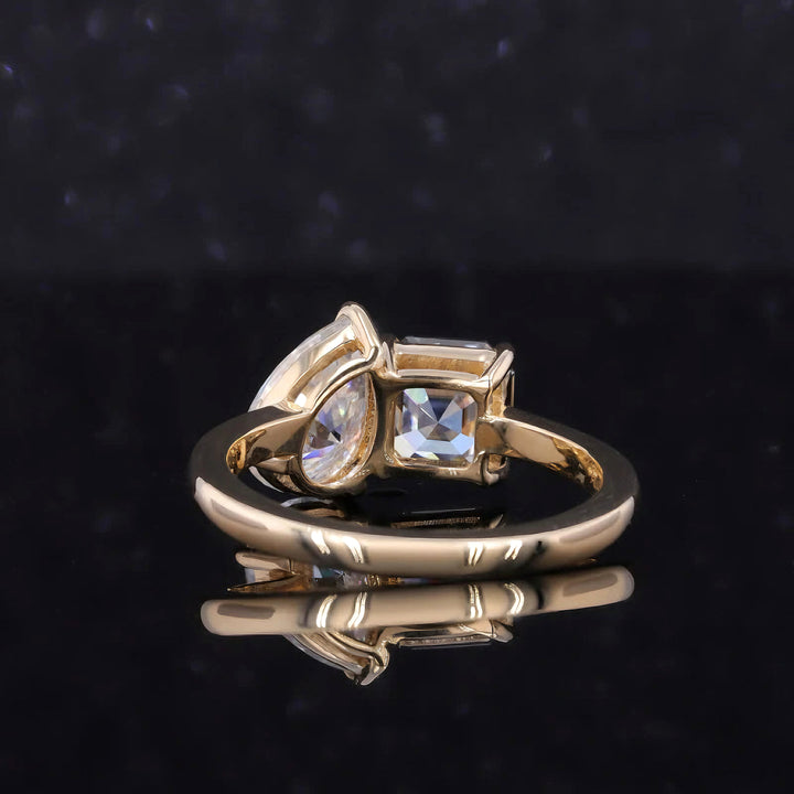 6x9mm Pear and 6.5mm Grey Asscher Cut Moissanite Toi Et Moi Ring in 10K Solid Yellow Gold