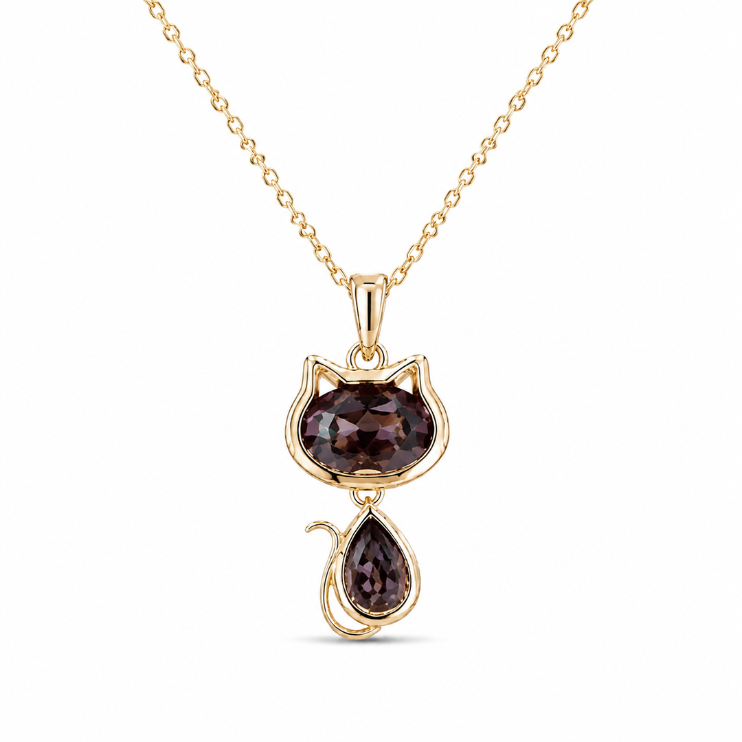 1.75ct Oval & Pear-Cut Alexandrite Cat Pendant Necklace in 14K Yellow Gold (6x8mm, 3x6mm)