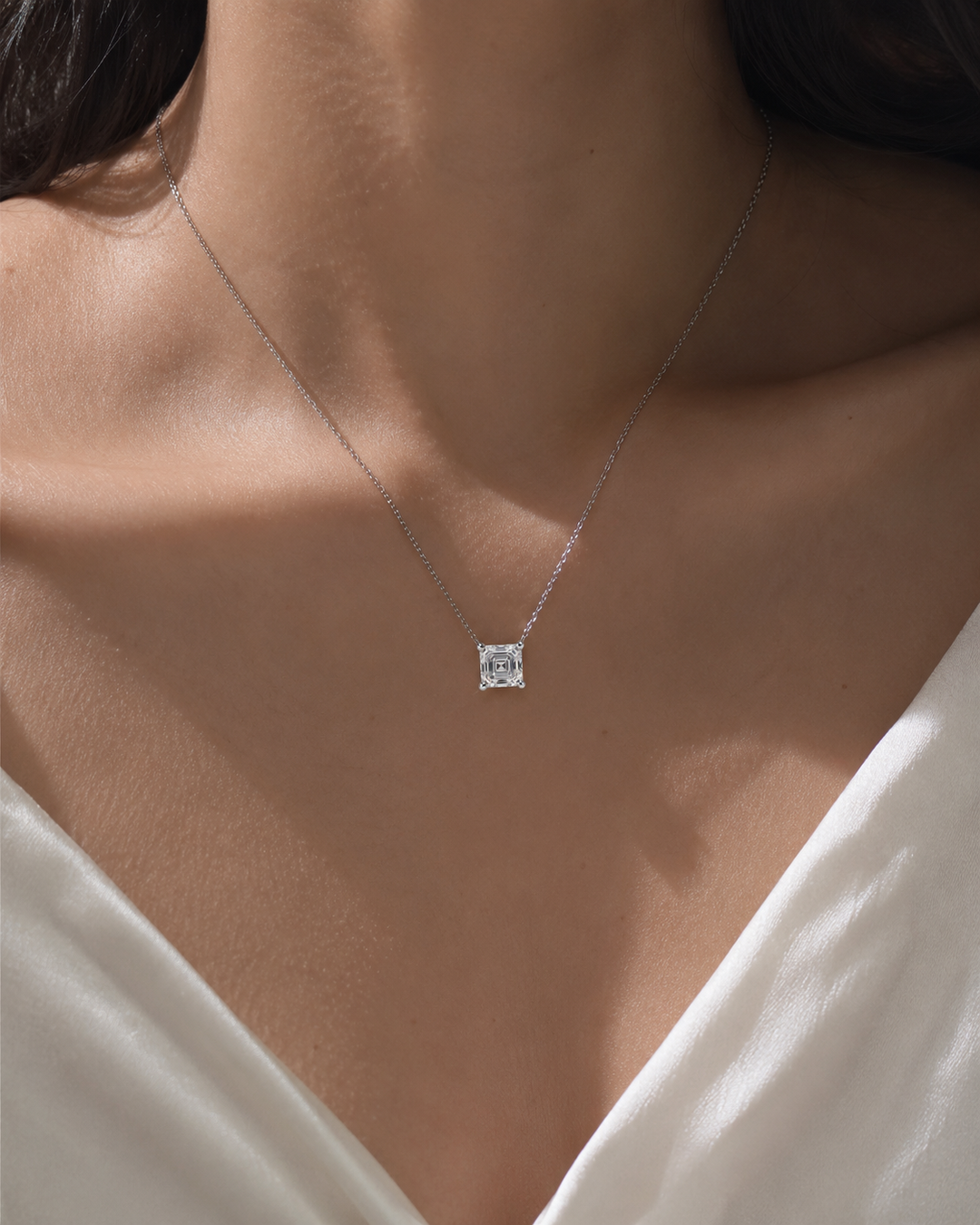 5.5mm, 1ct Asscher Cut Lab Diamond Pendant Necklace in 18K Solid White Gold