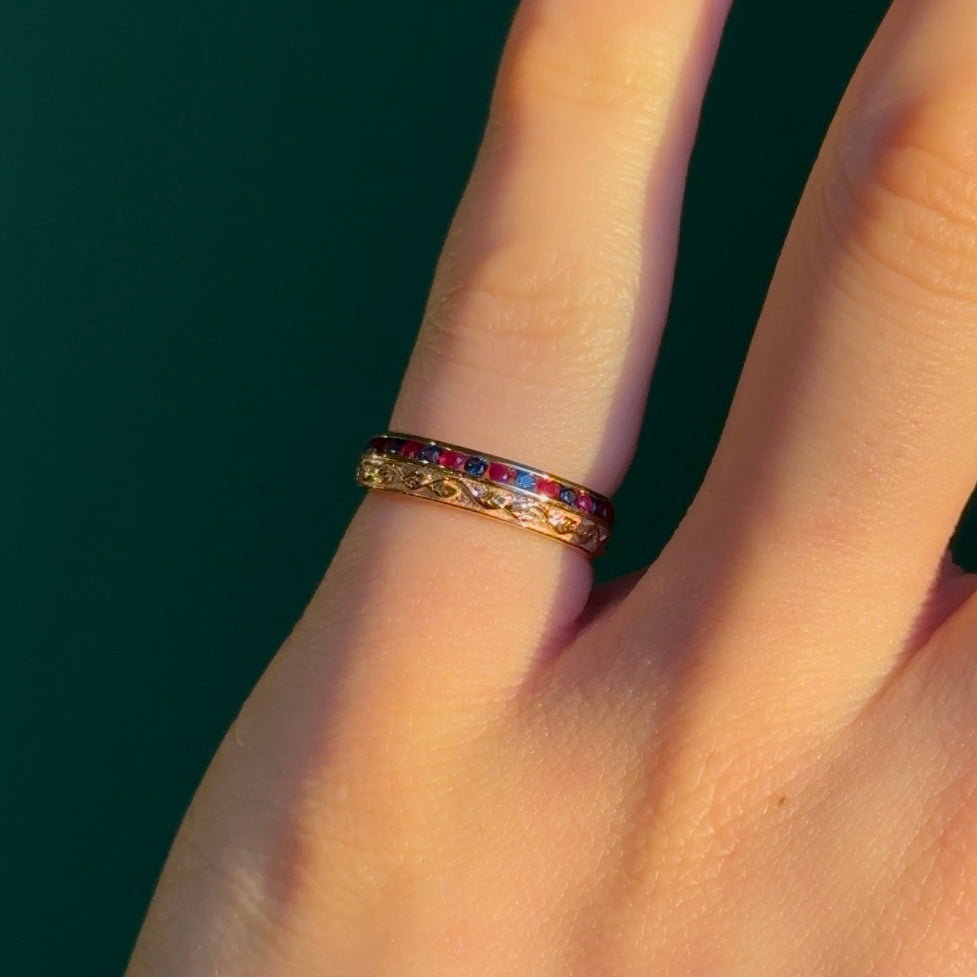 Customized™ Natural Ruby and Sapphire 4mm Band with Leaf Pattern in 10K Solid Rose Gold