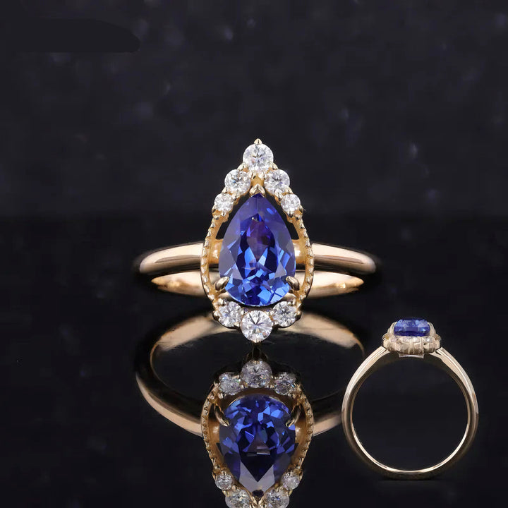 The Teardrop — Blue Pear Sapphire with Diamond Halo Ring