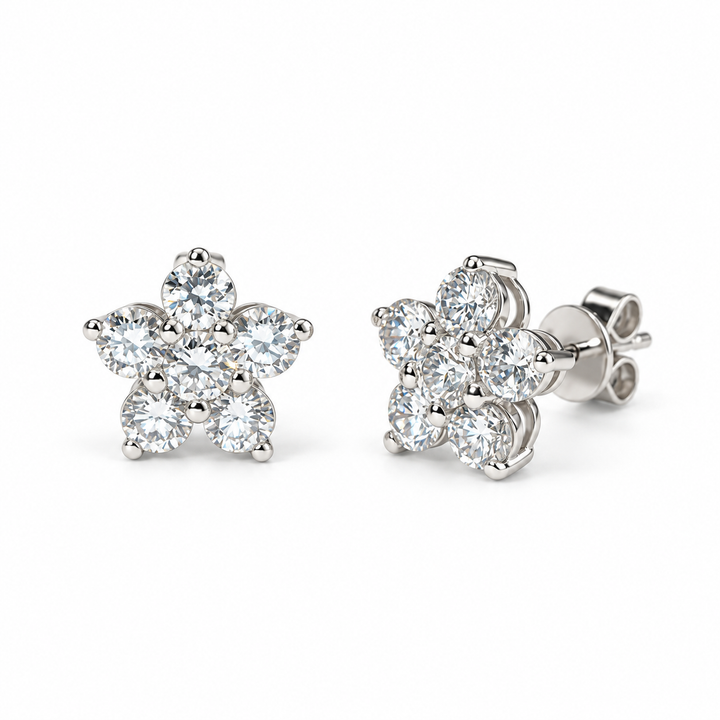 Lab Diamond Flower Cluster Earrings in 14K White Gold