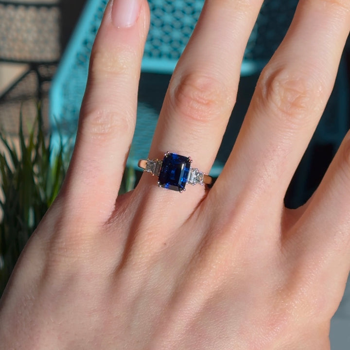 Customized™ 7x9mm, 4.27ct Emerald Cut Blue Sapphire Ring with Diamonds + Stacking Natural Sapphire Eternity Ring in 14K Solid Yellow Gold