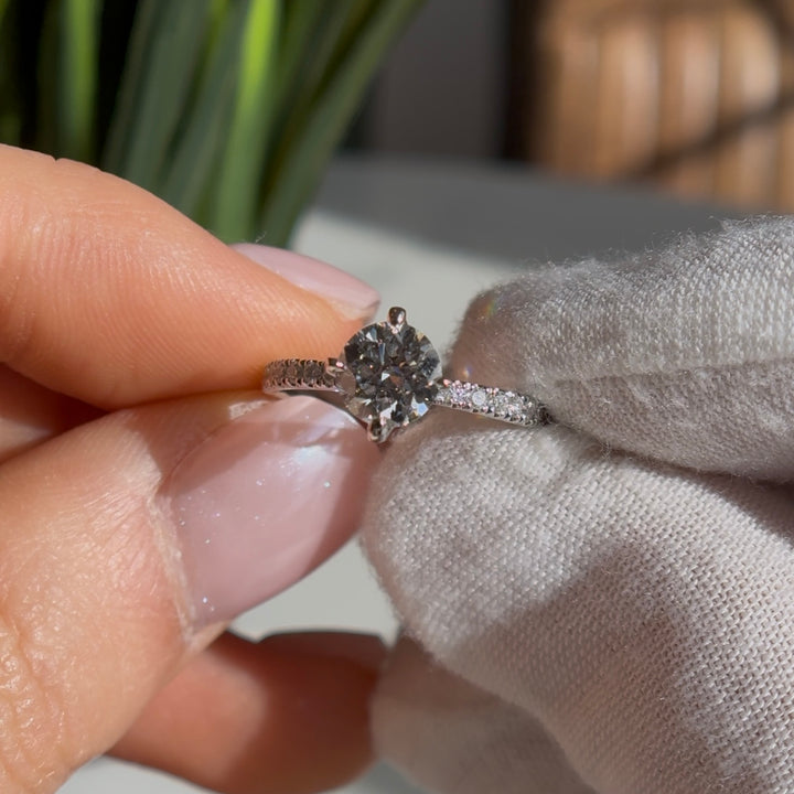 1.00ct Round Lab-Grown Diamond Solitaire Ring with Raised Pavé Crown and Band in White Gold