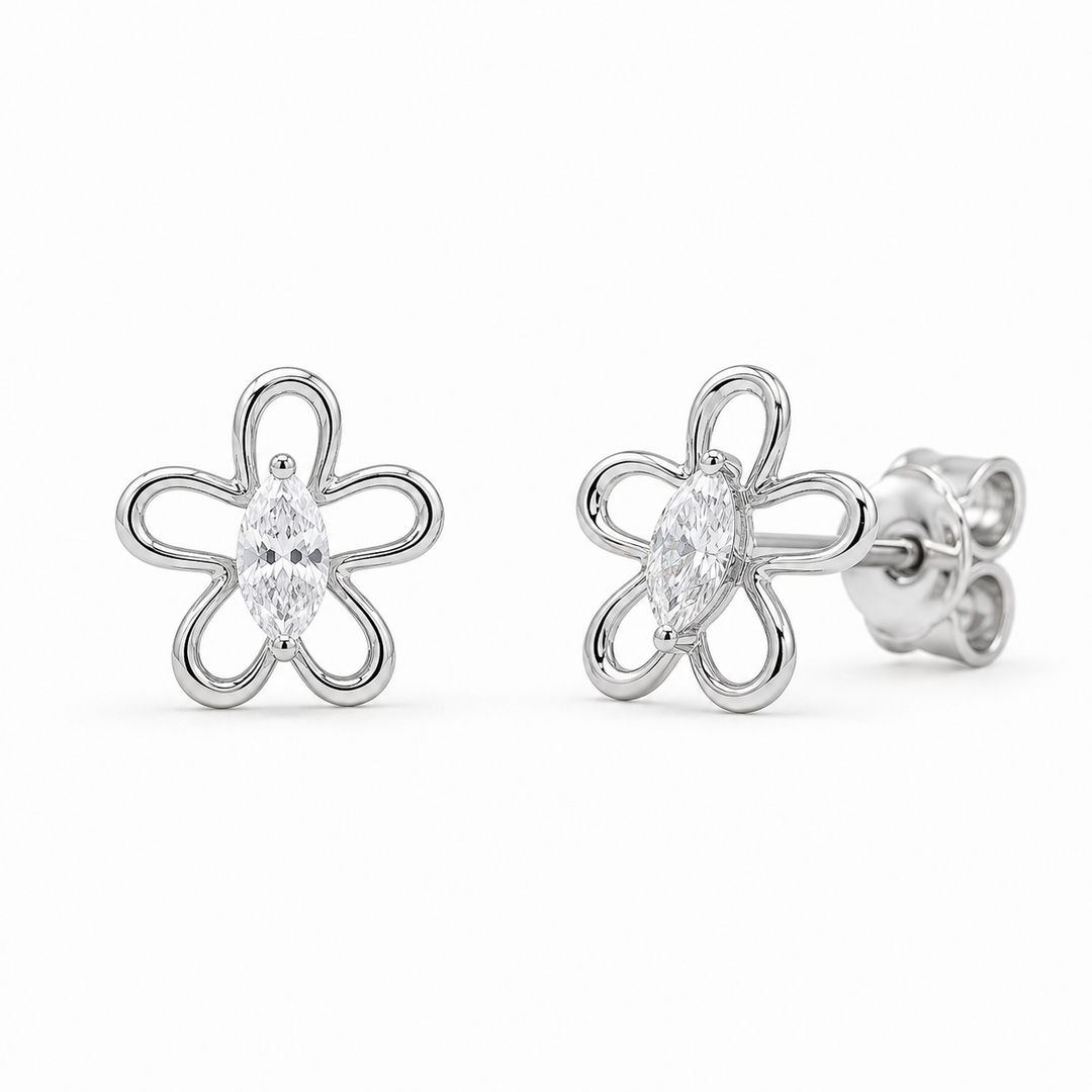 0.65ct Lab-Diamond Marquise cut Diamond Floral Outline Earrings in 18K Solid White Gold