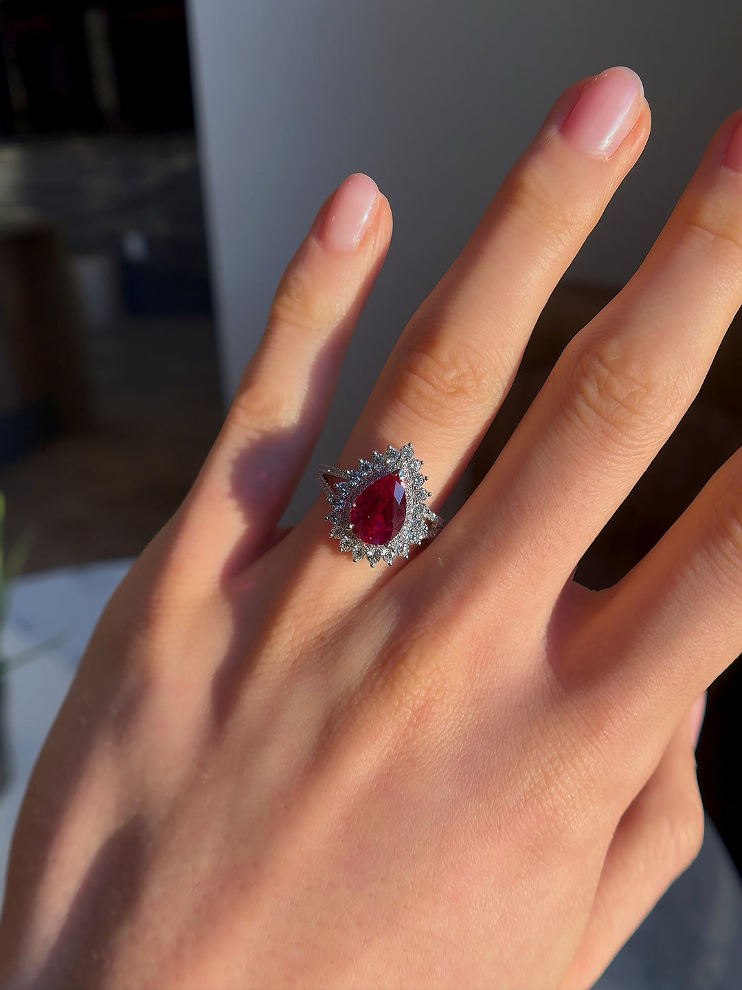 2.75ct Pear-Cut Ruby Diamond Halo Ring in 14K or 18K White Gold, "The Empress"