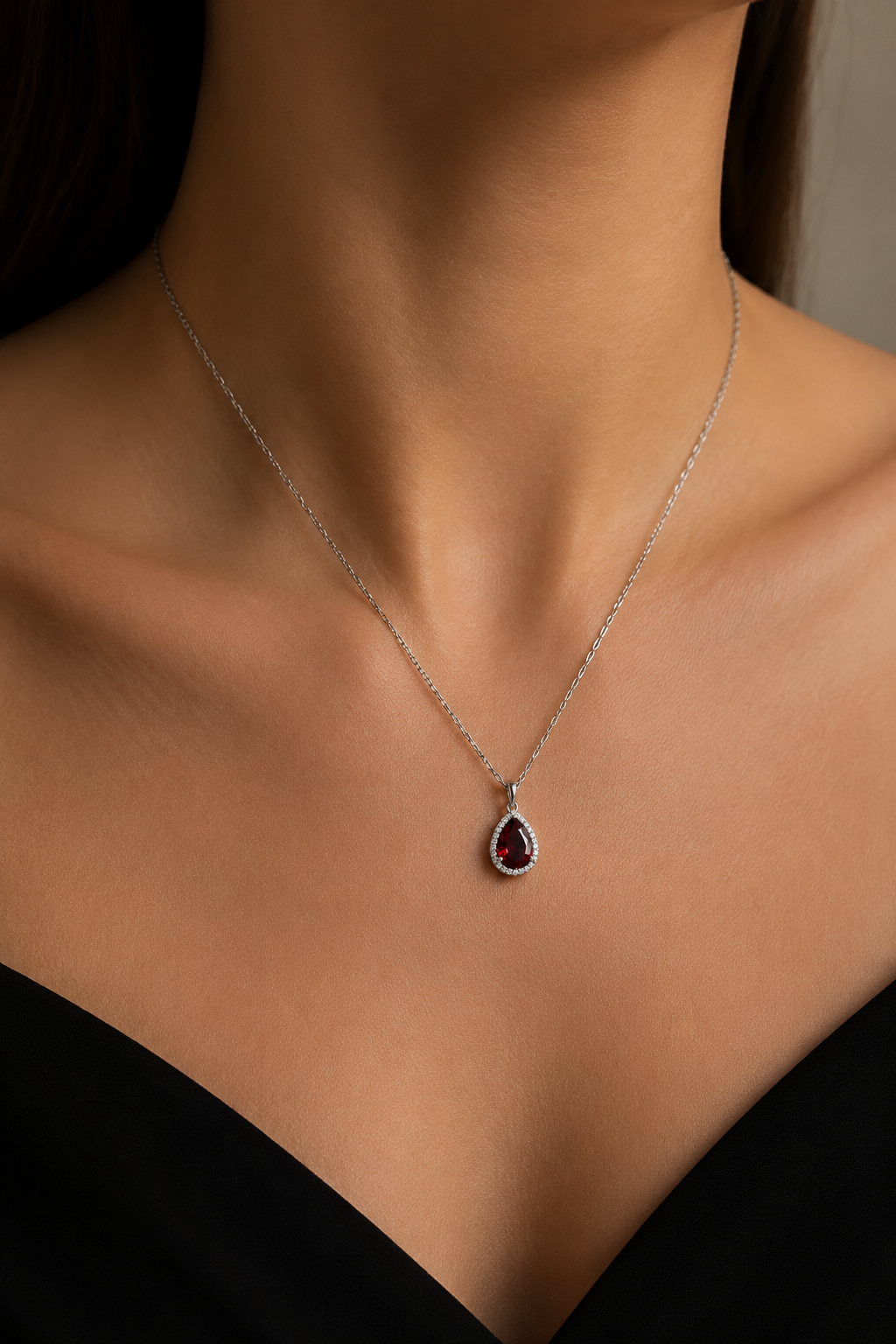 9x13mm, 7.00ct Pear Lab-Grown Red Ruby with Diamond Halo Pendant Necklace in Platinum
