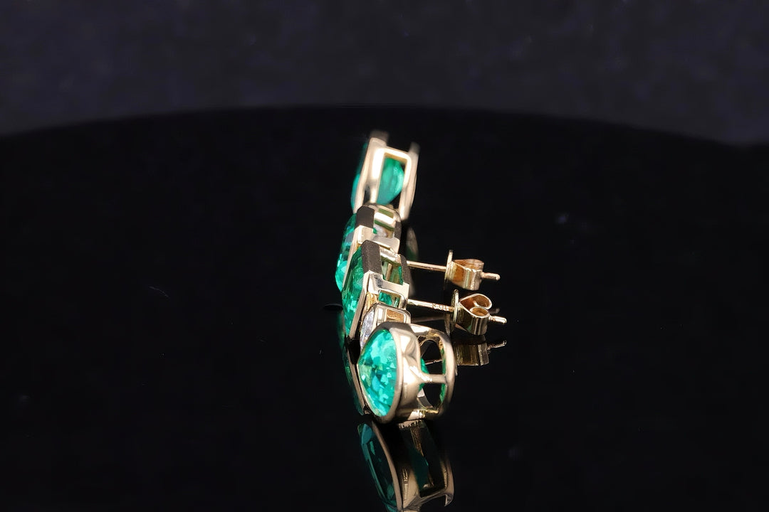 8x12mm Pear & 7x9mm Emerald Cut 4.90ctw Lab-Grown Colombian Emerald Bezel-Set Dangle Earrings with Diamond in 14K Yellow Gold