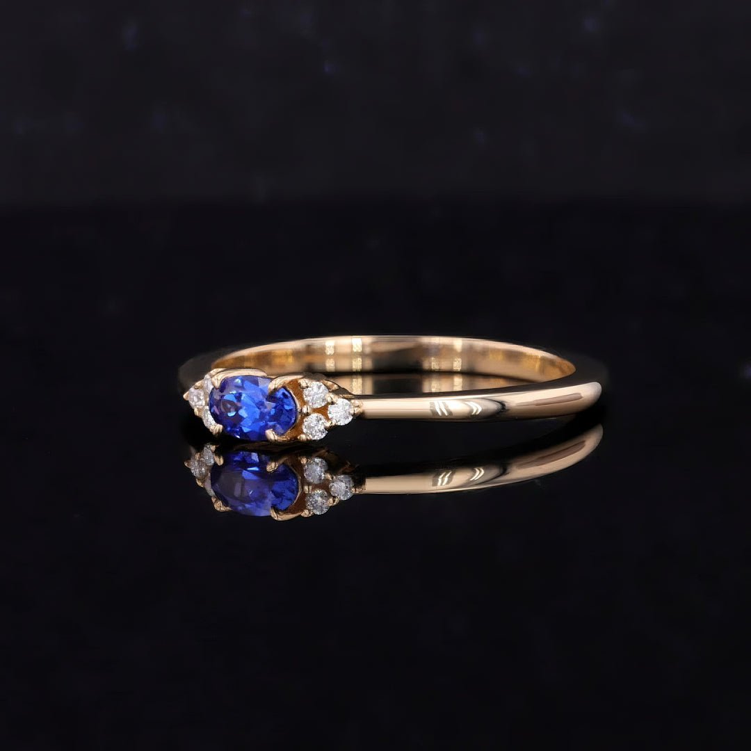 3x5mm, 0.3ct Oval Lab-Grown Blue Sapphire Ring with Diamond Accents in 14K Yellow Gold