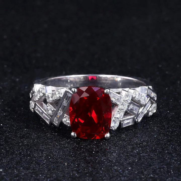 7x9mm, 2.75ct Cushion Lab-Grown Ruby Ring with Diamond Accent Band in 14K White Gold