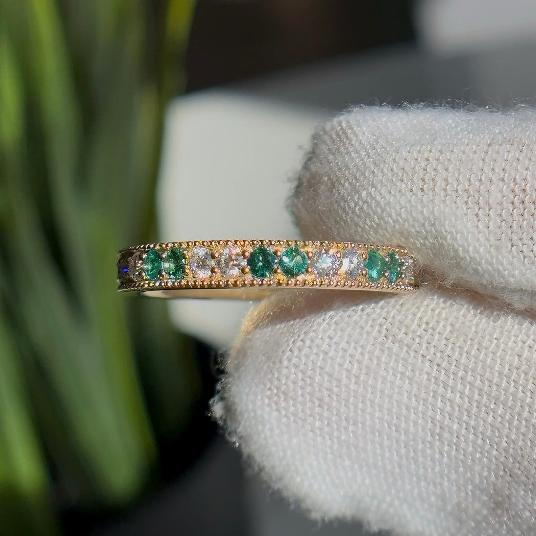 Lab emerald and diamond vintage eternity band, 2.5mm, view 6
